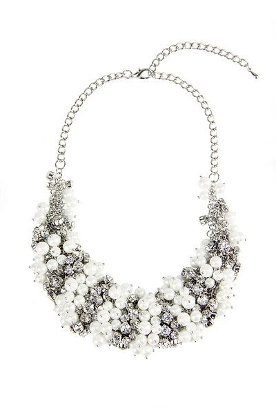 Pearl and Crystal Statement Glass Stone Necklace White