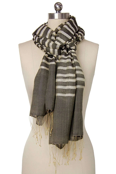 Camille Striped Lightweight Printed Scarf With Fringe Dim Gray