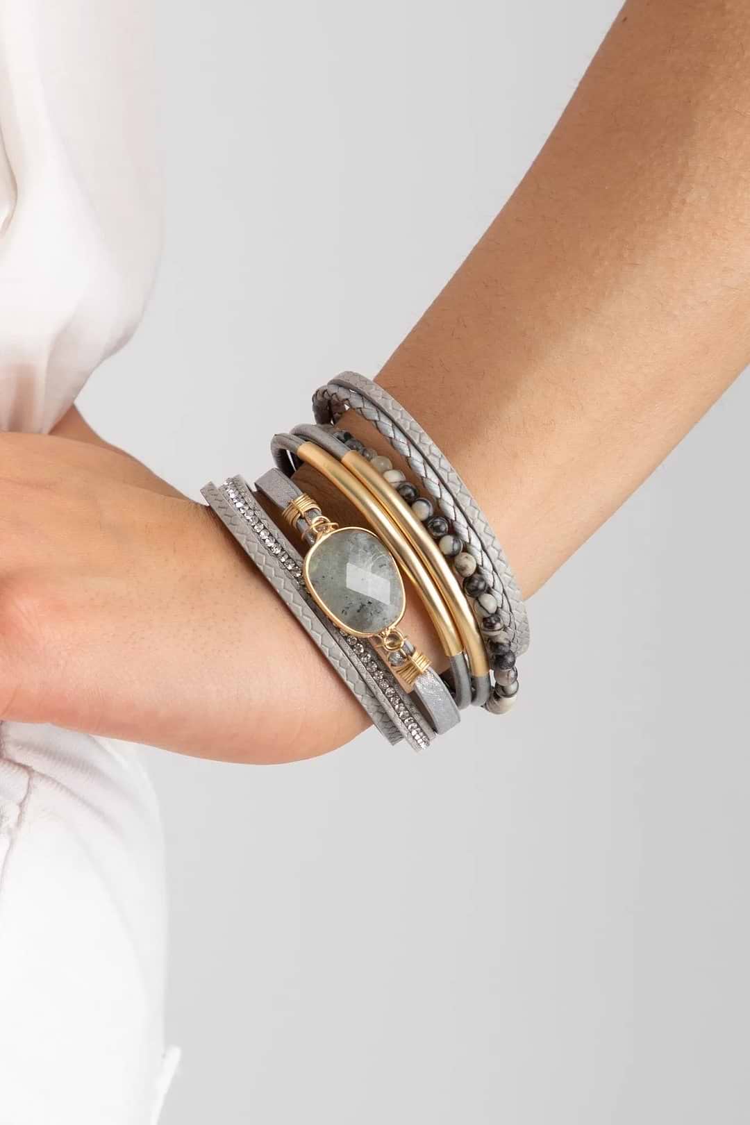 Hollis Beaded Leather Bracelet Grey