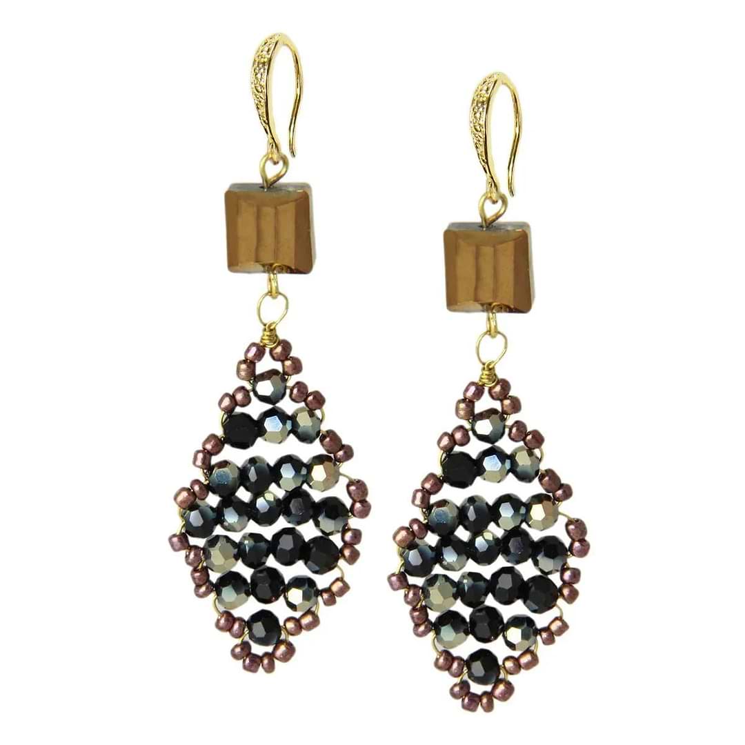 Danica Hand Beaded Diamond Drop Fishhook Back Earring Burly Wood