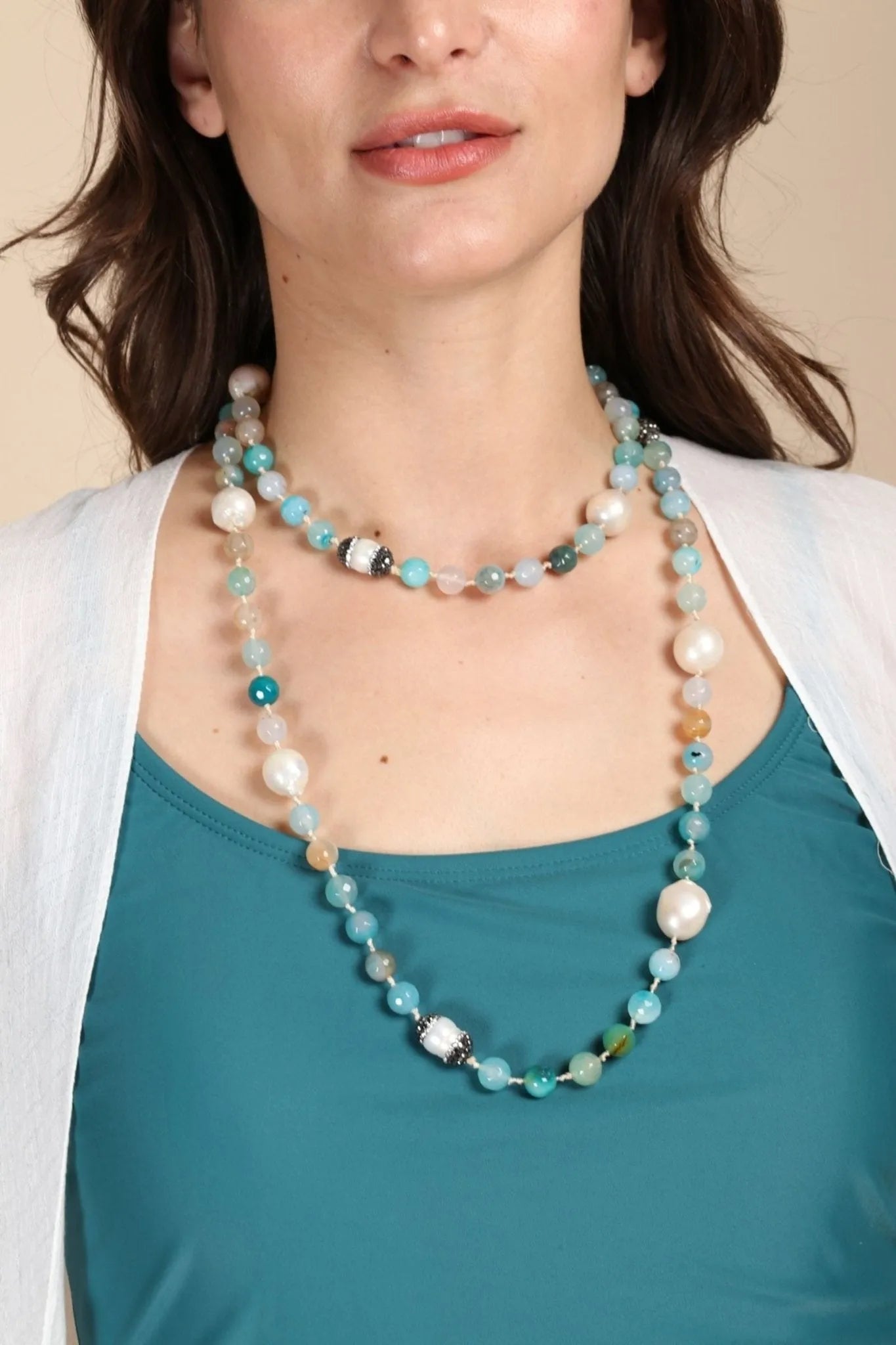 Tahitian Pearl Beaded Long Necklace Turquoise