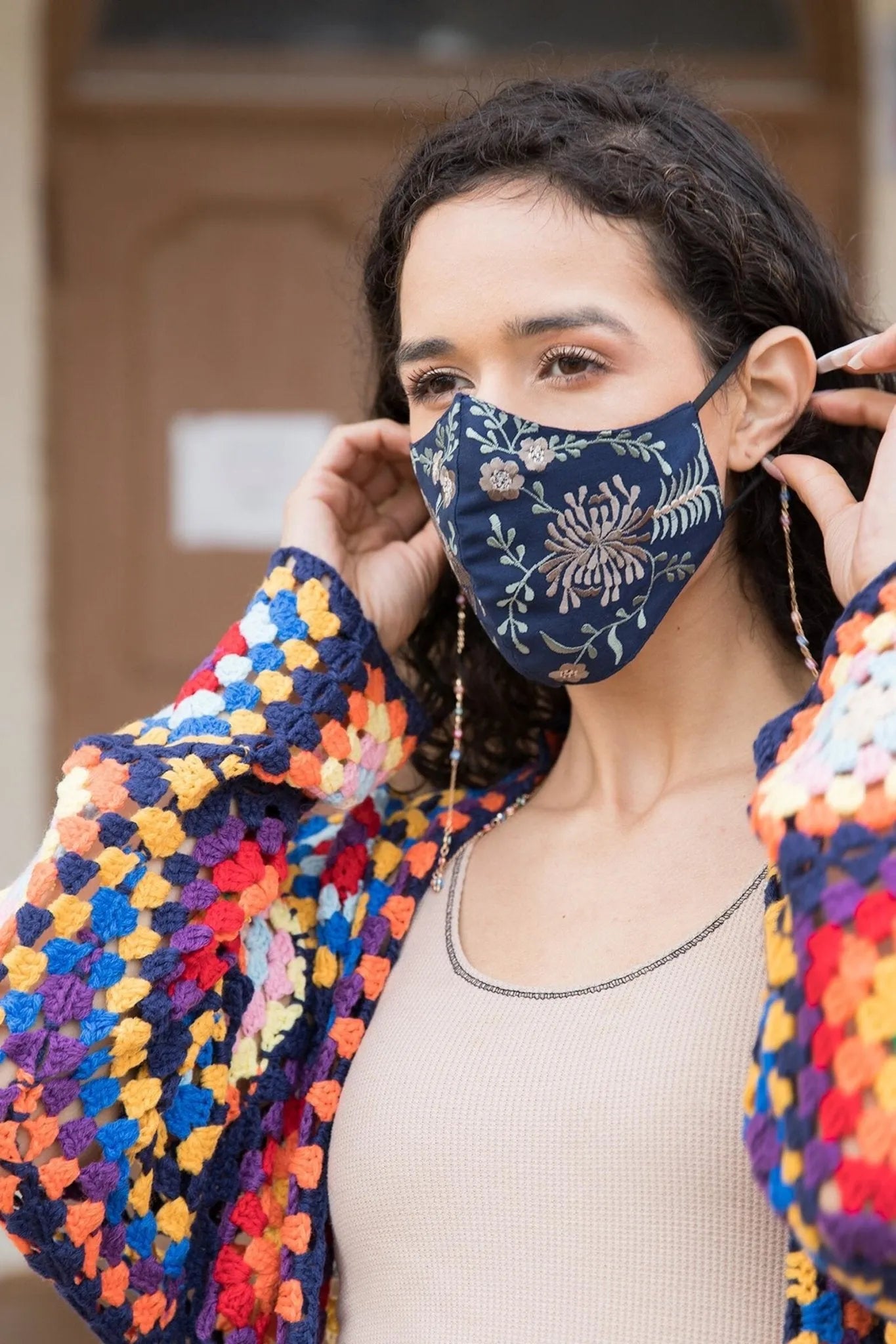 Primavera Embroidered Face Mask Navy