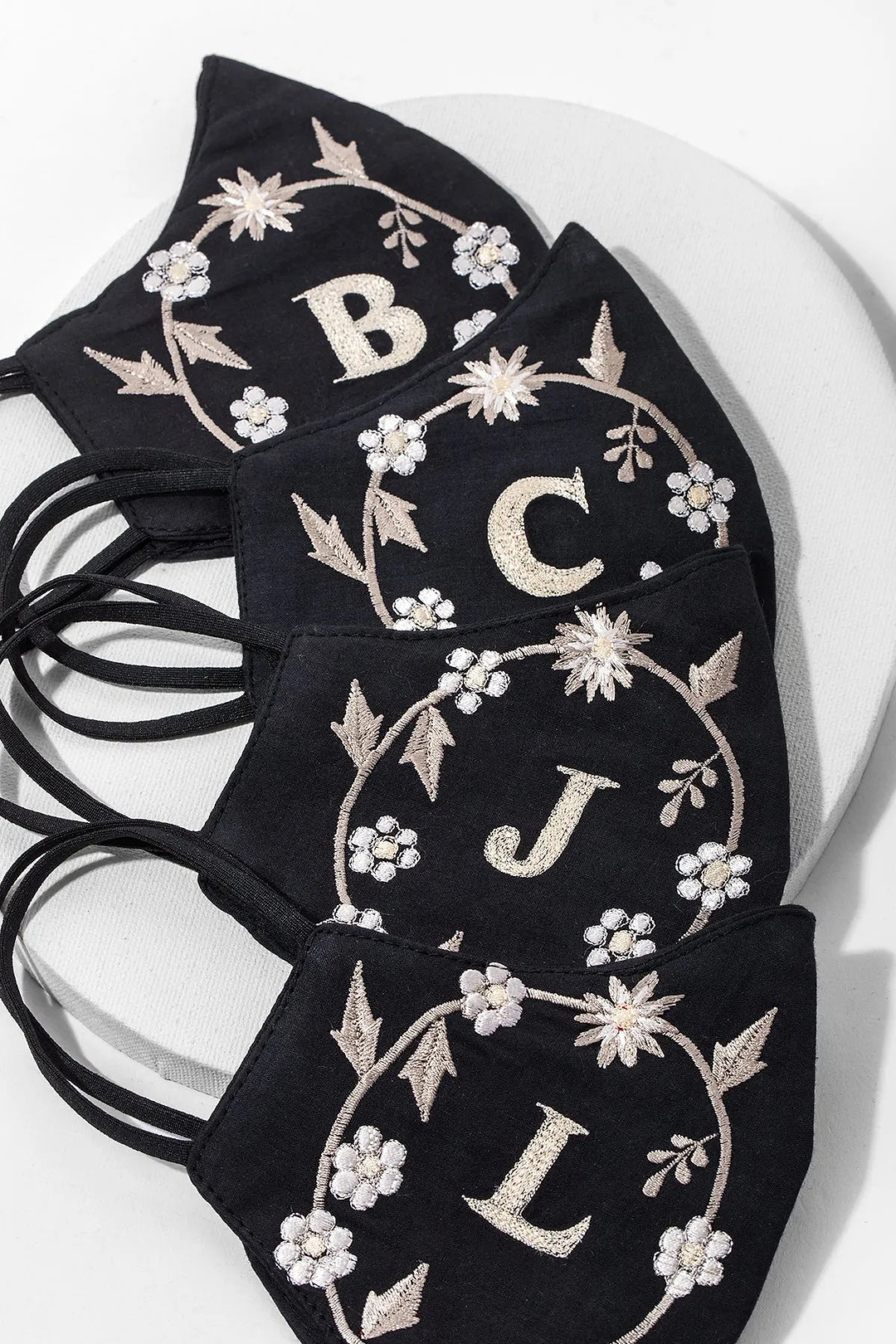 Custom White Embroidered Monogram Face Mask Black