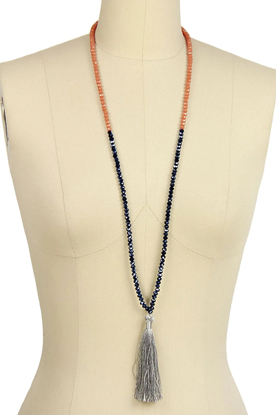 Long beaded tassel necklace Champagne with Hematite - SAACHI