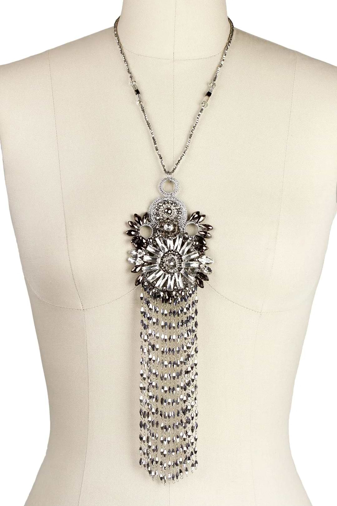 Crystal Tassel Statement Necklace Silver