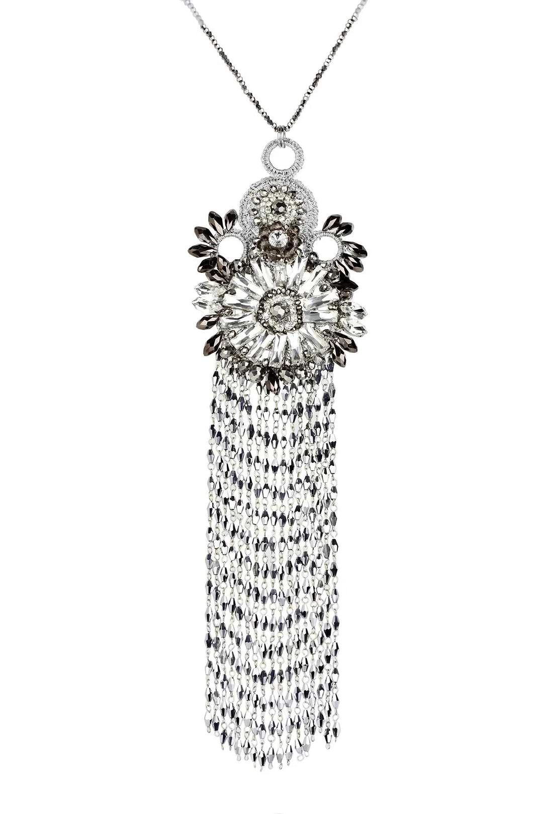 Crystal Tassel Statement Necklace Silver