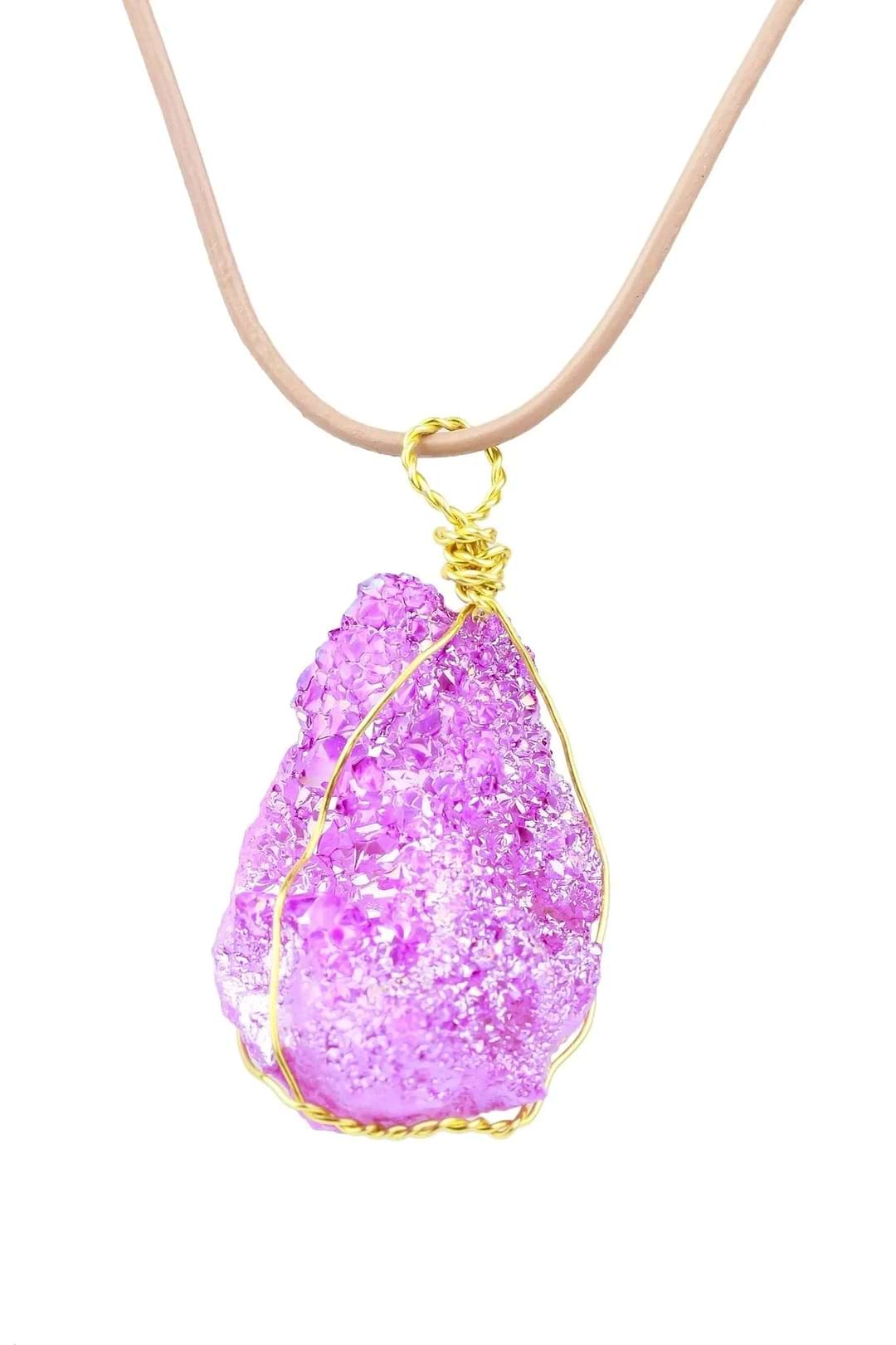 Wire Druzy Pendant Leather Necklace Violet