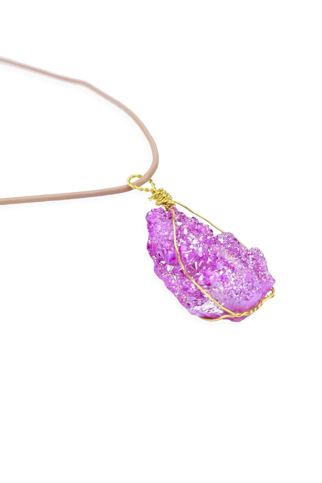 Wire Druzy Pendant Leather Necklace Violet