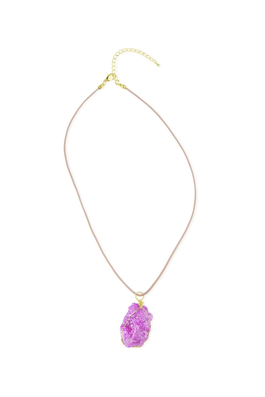 Wire Druzy Pendant Leather Necklace Violet