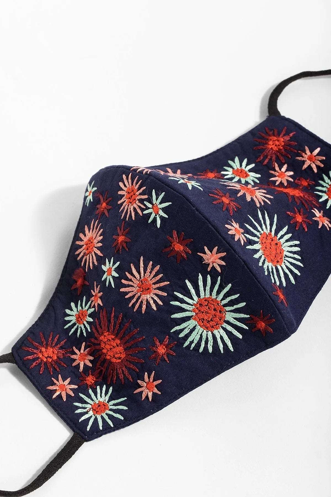Bouquet of Flowers Embroidered Face Mask Navy