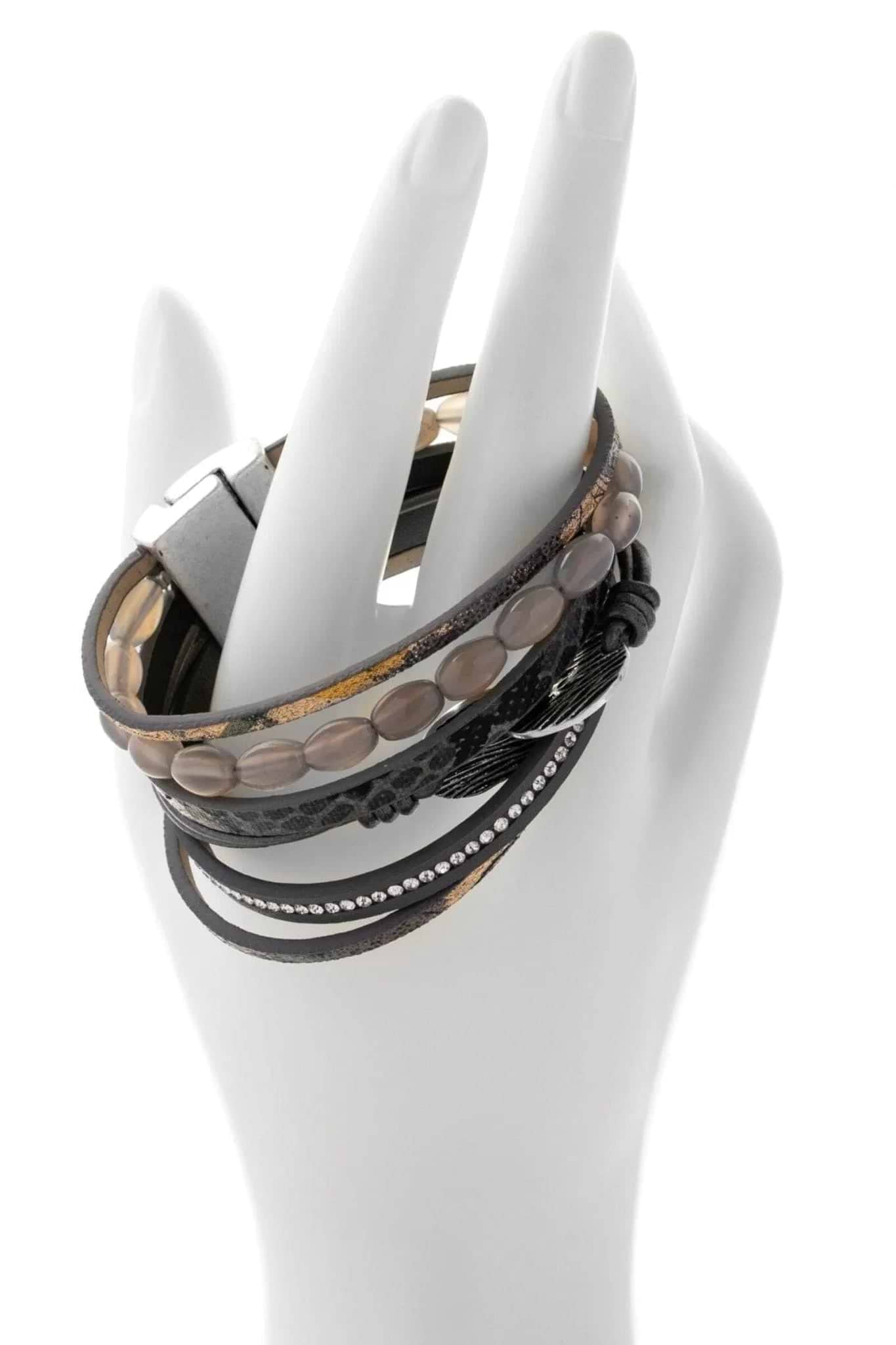 Agate Beaded Leather Bracelet Dim Gray