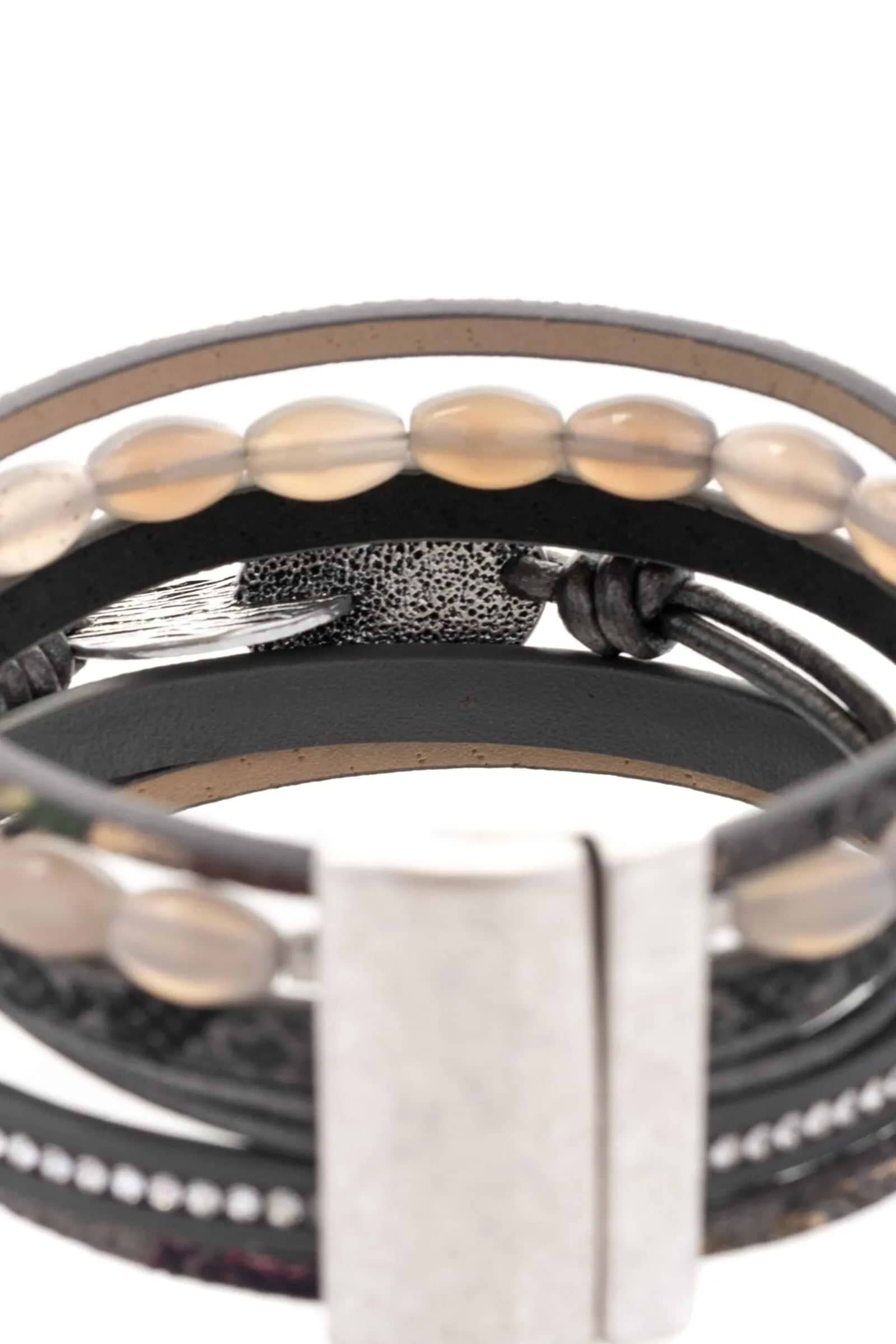 Agate Beaded Leather Bracelet Dim Gray