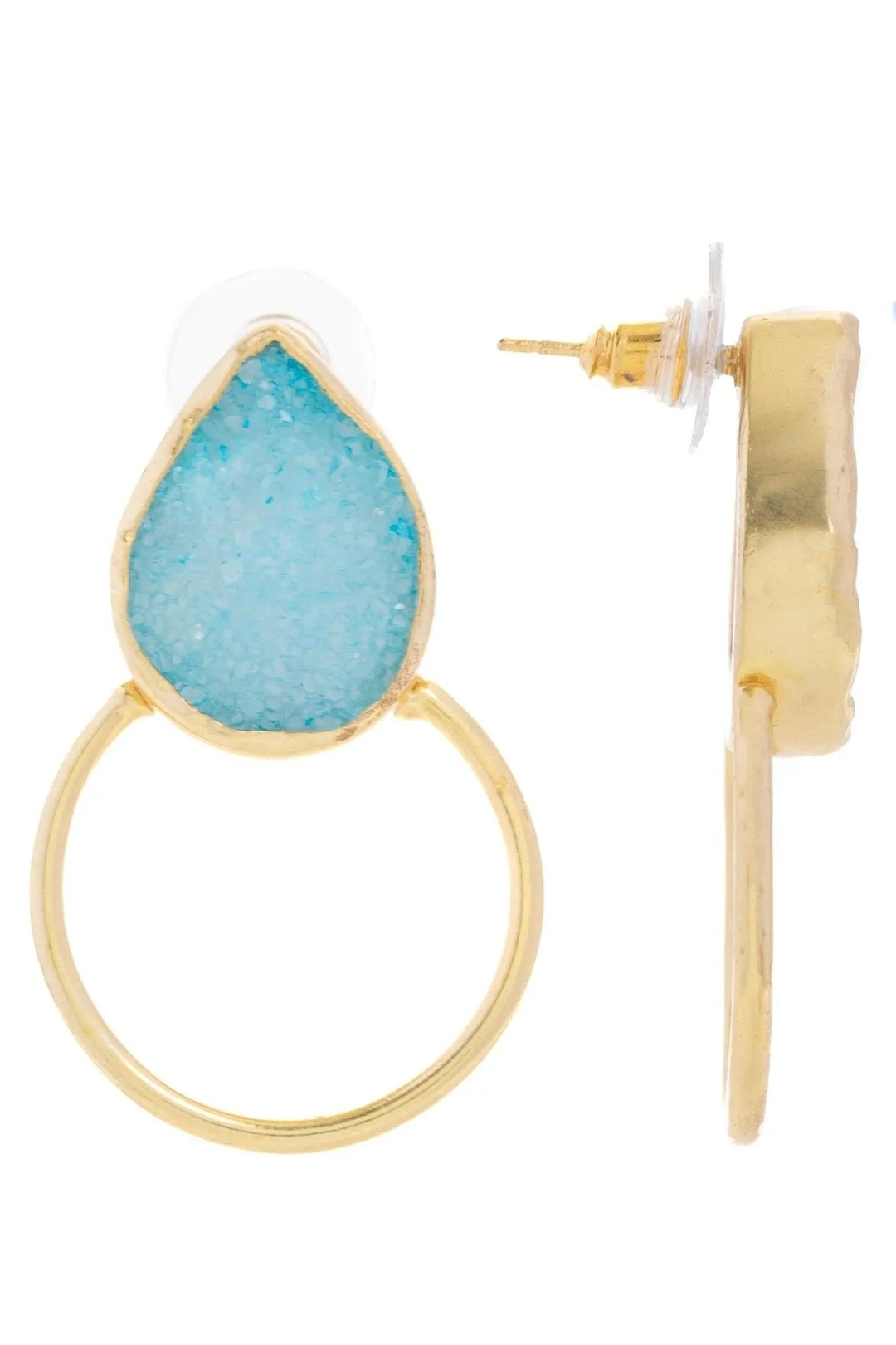 Druzy Adorned Hoop Earrings Aqua