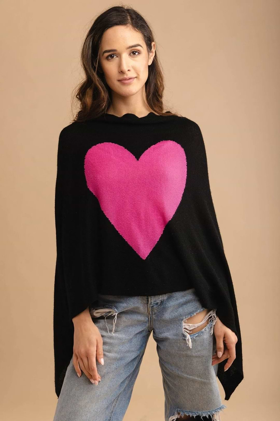 Heart Cashmere and Silk Poncho Black