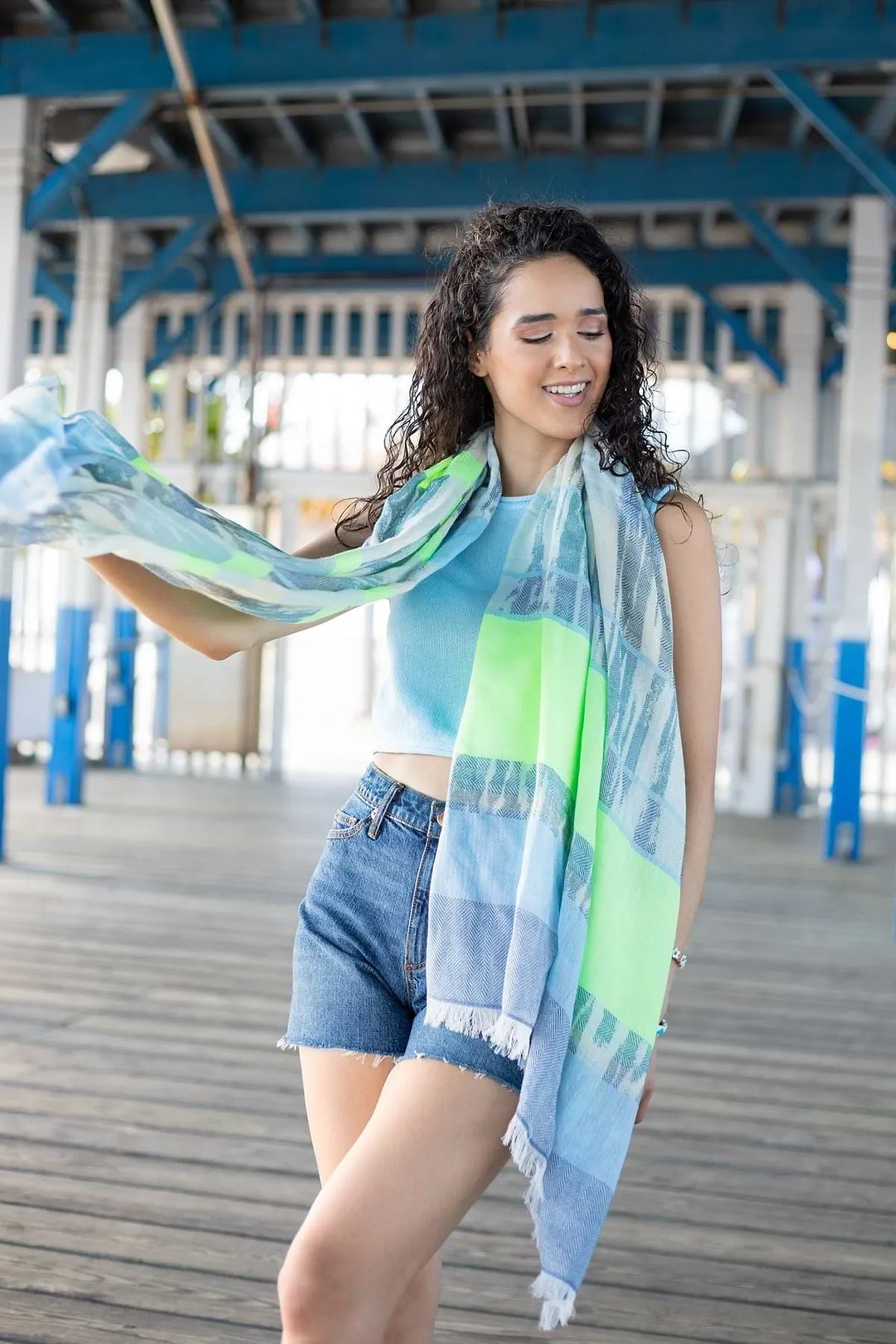 Ebraxas Neon Striped Scarf Light Sky Blue