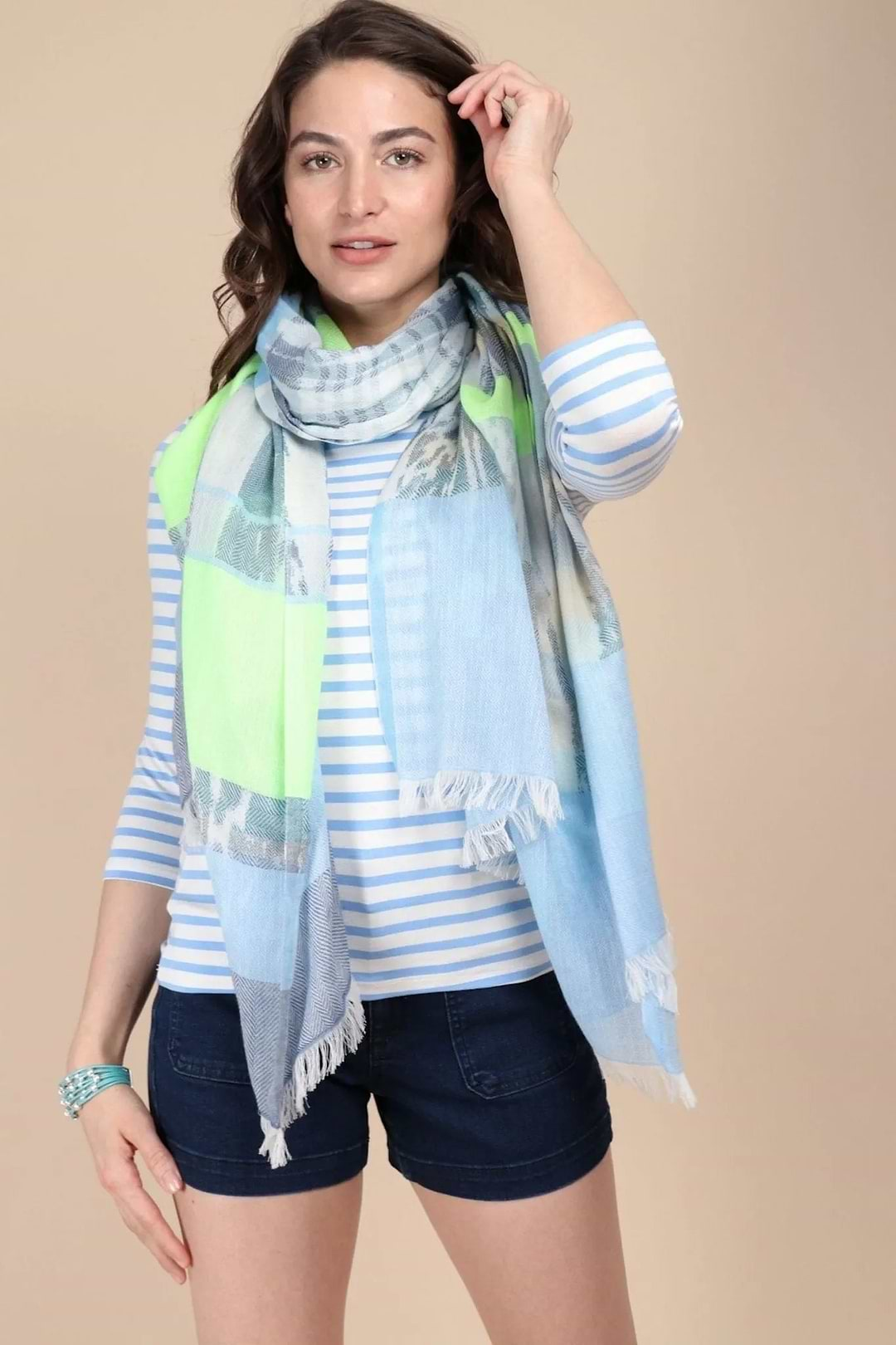 Ebraxas Neon Striped Scarf Light Sky Blue