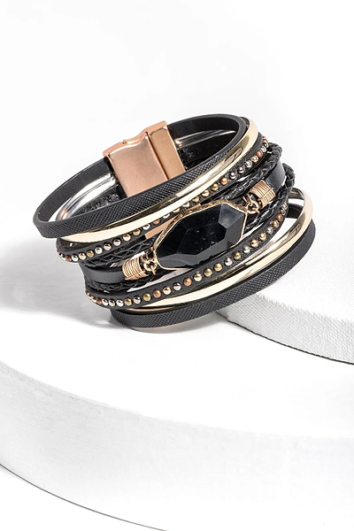 Midnight Tropic Leather and Crystal Bracelet Black