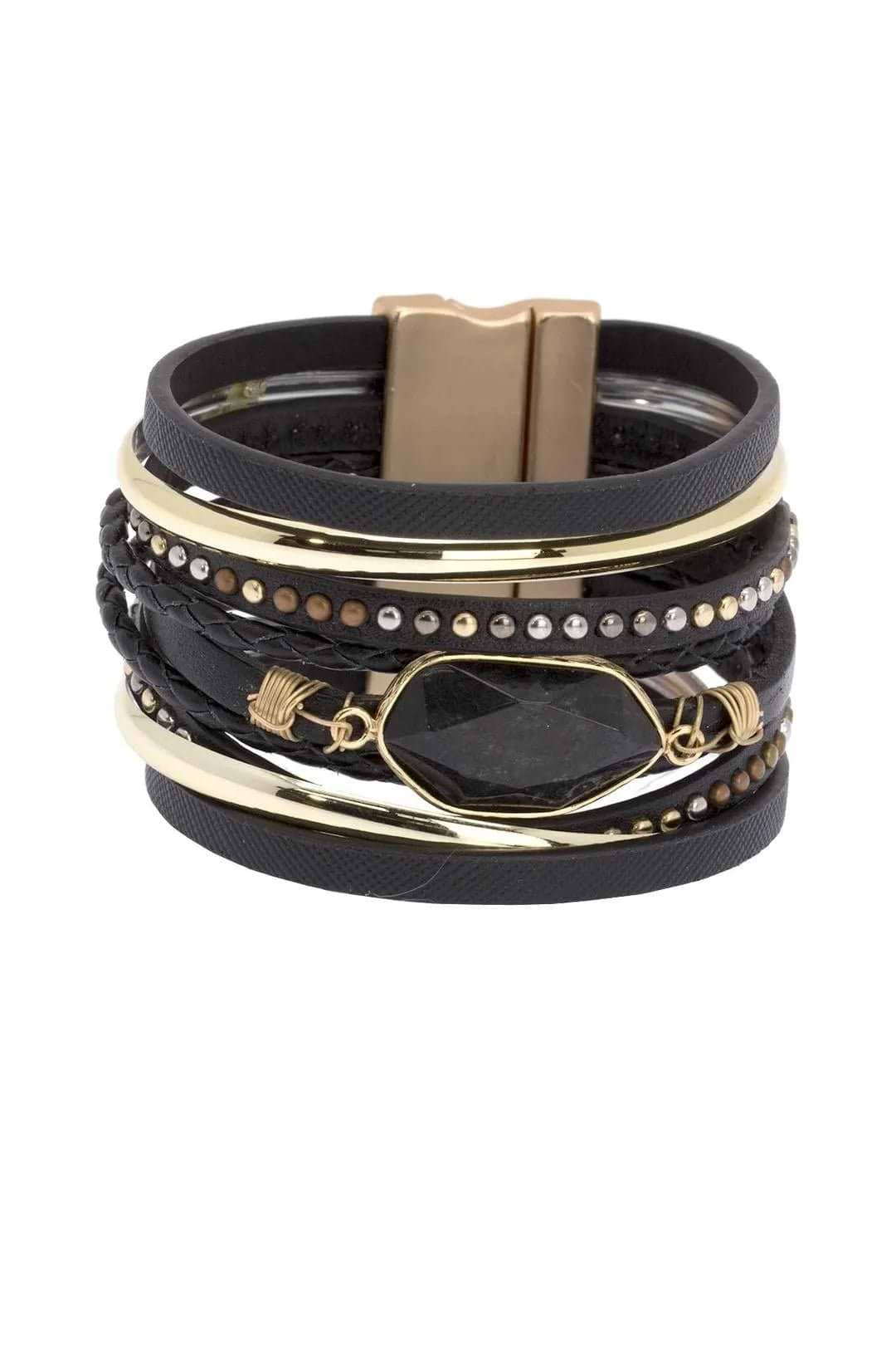 Midnight Tropic Leather and Crystal Bracelet Black