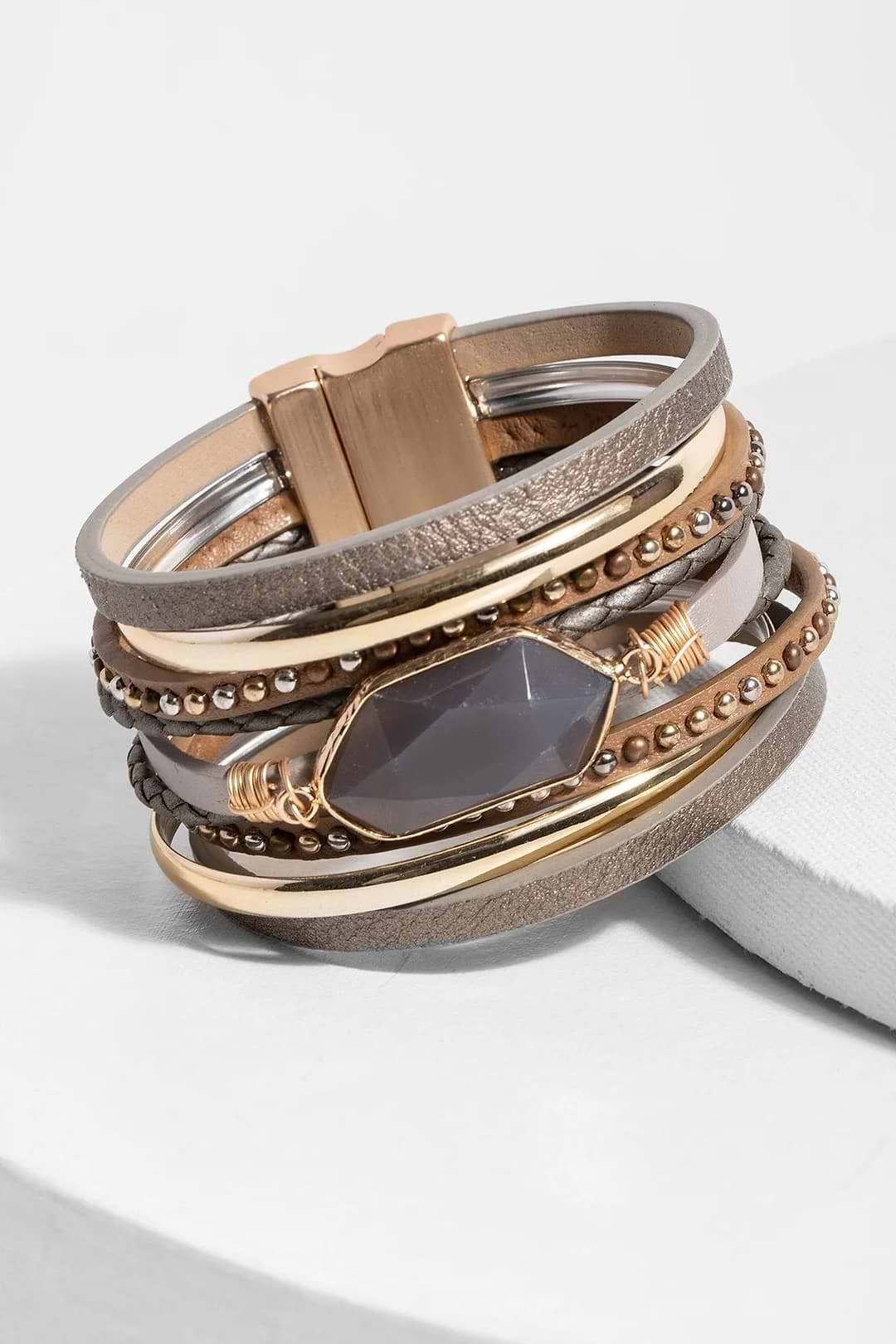 Midnight Tropic Leather and Crystal Bracelet Light Brown