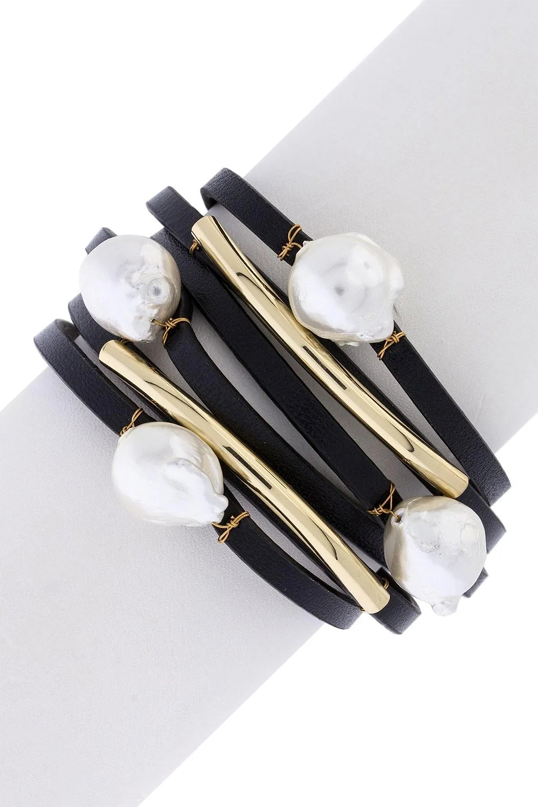Achai Pearl Double Wrap Leather Bracelet Black