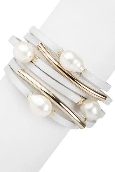 Achai Pearl Double Wrap Leather Bracelet White