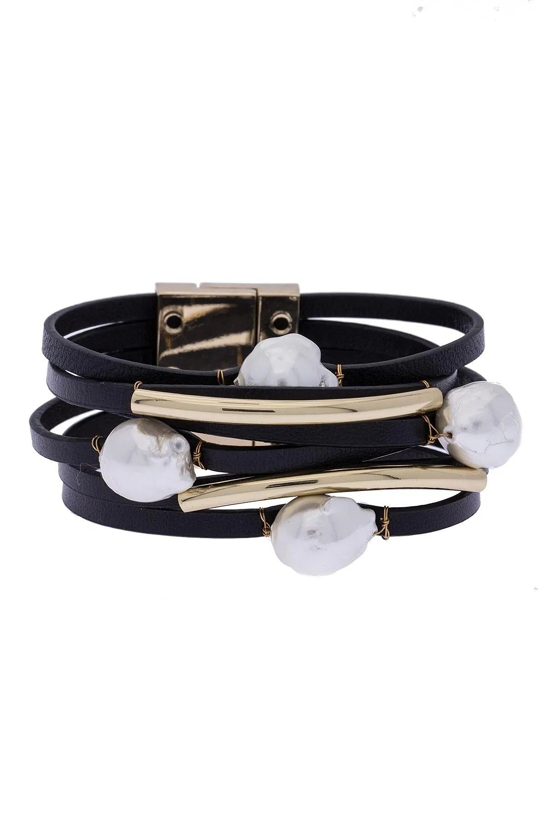 Achai Pearl Double Wrap Leather Bracelet Black