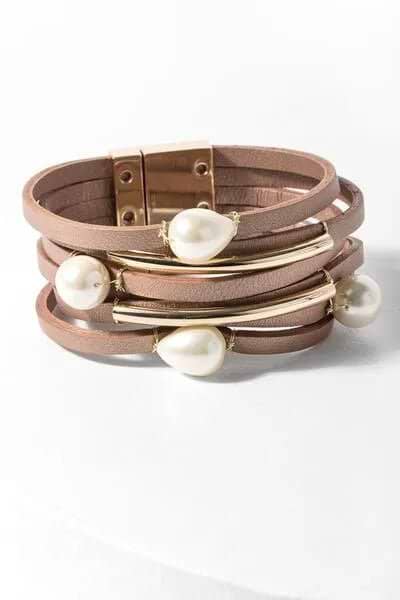 Achai Pearl Double Wrap Leather Bracelet Mistyrose