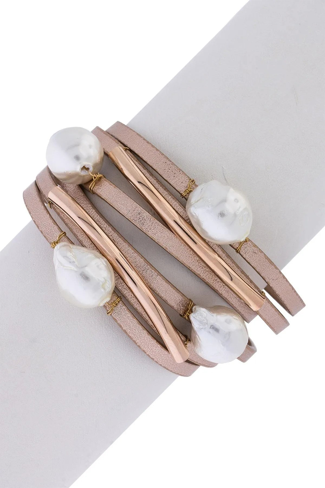 Achai Pearl Double Wrap Leather Bracelet Mistyrose