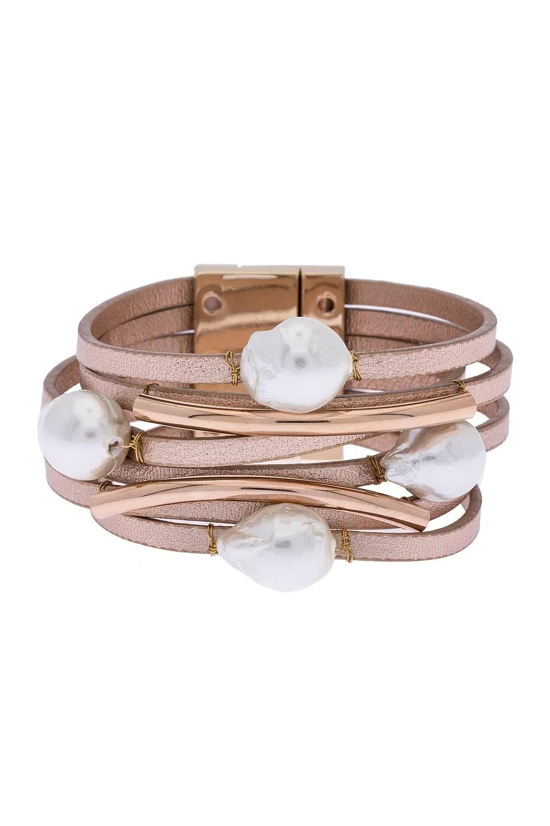 Achai Pearl Double Wrap Leather Bracelet Mistyrose