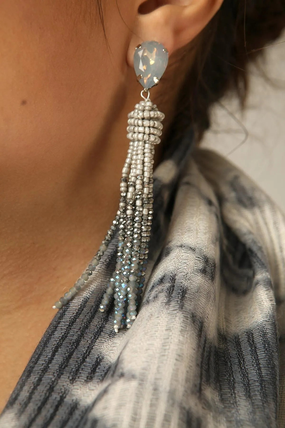 Maldives Tassel Beaded Statement Earring Grey