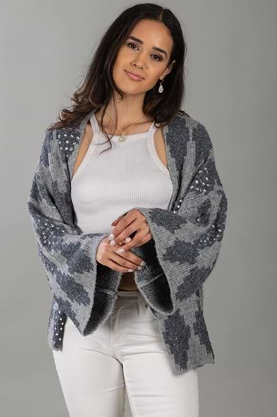 Jacquard Rhinestone Sweater - SAACHI - Gray - Kimono
