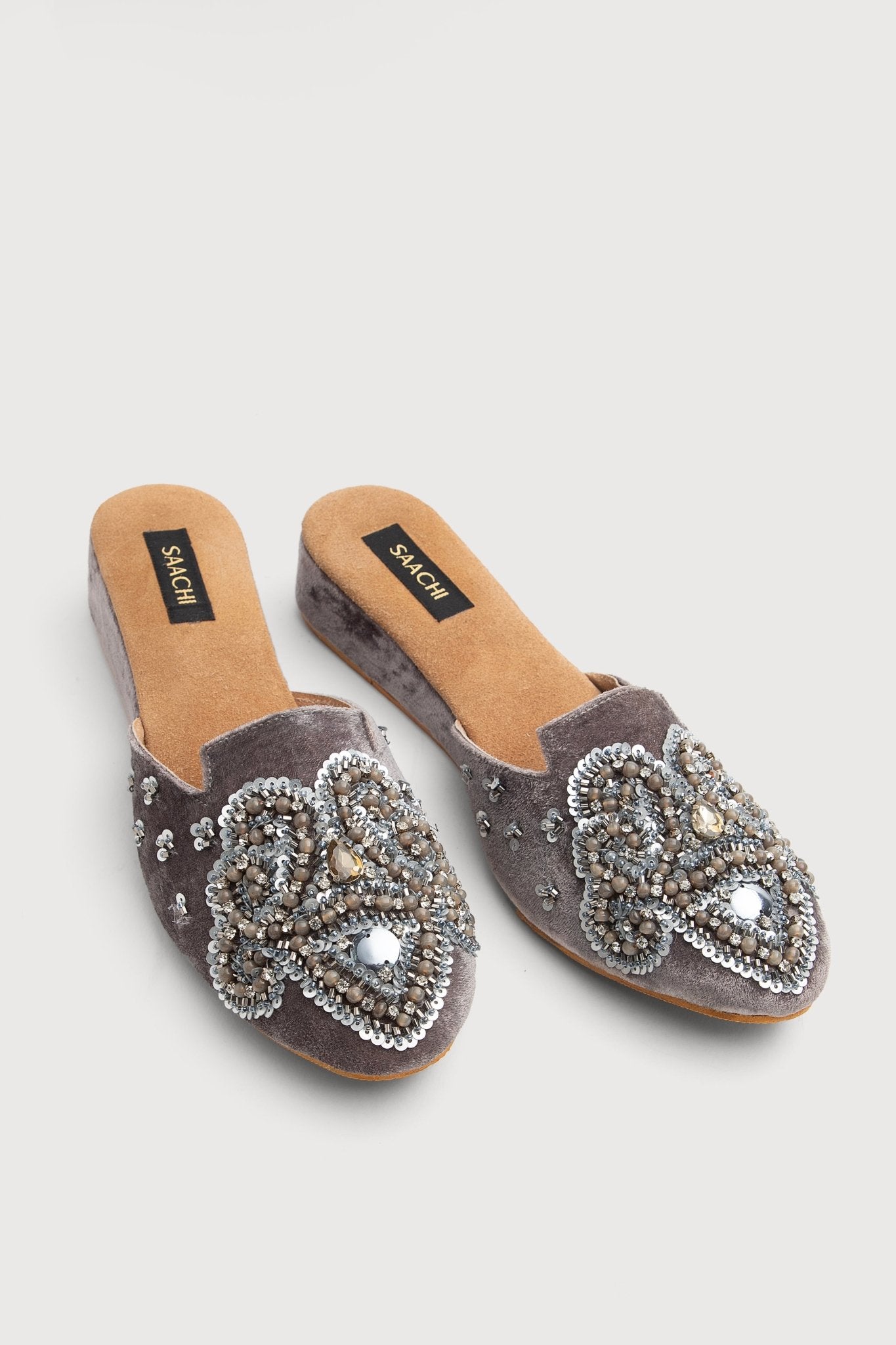 Velvet Beaded Embellished Mules Gray