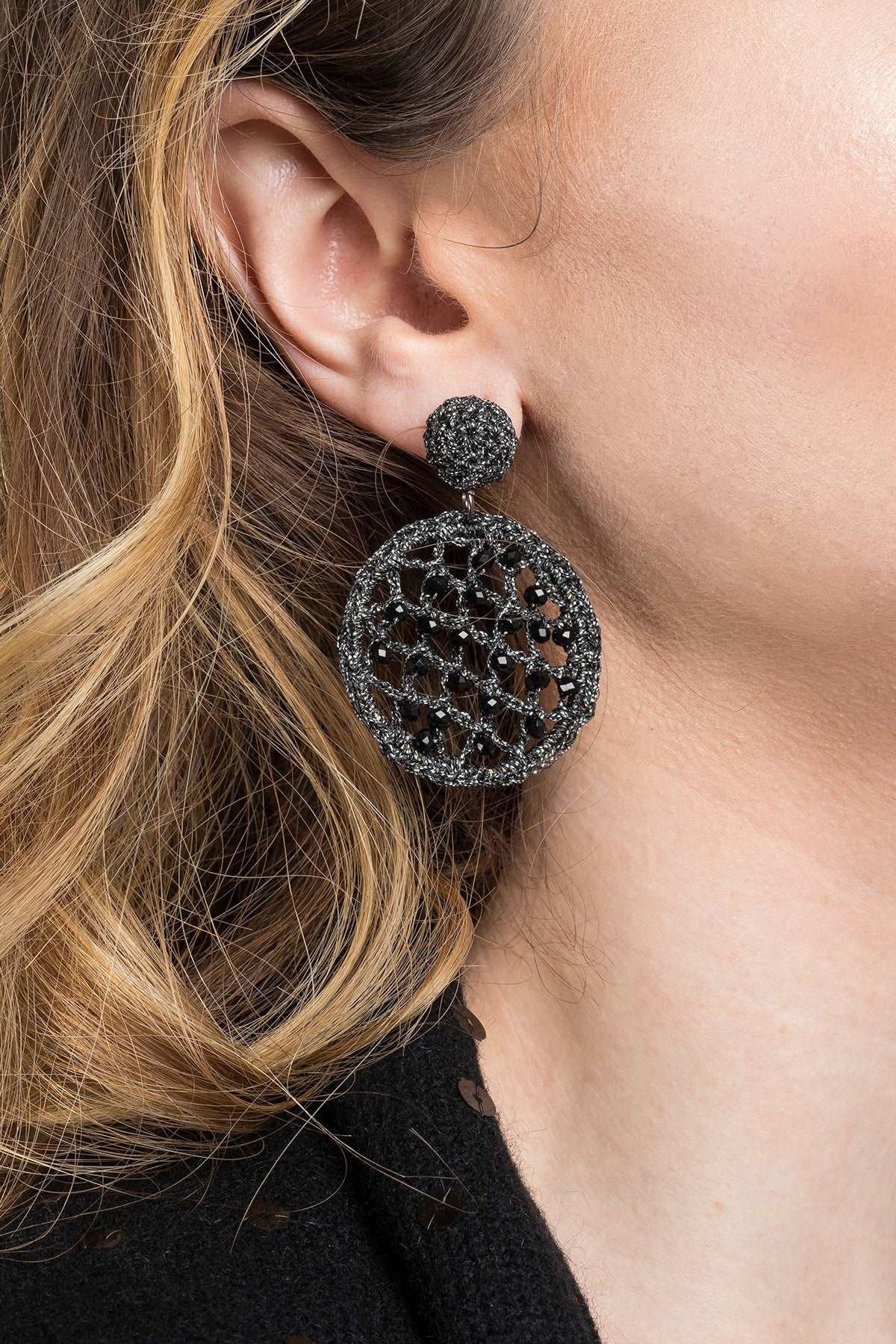 Black Sparkly Crystal Crochet Earrings Black