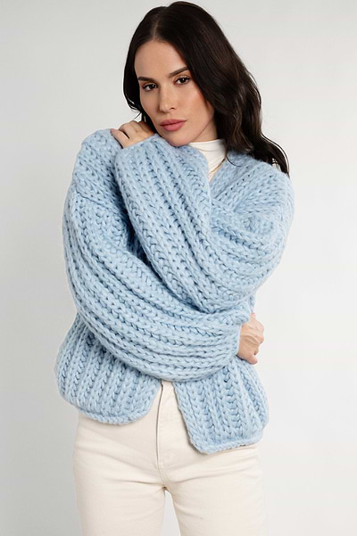 Chunky Oversized Knit Cardigan - SAACHI - Light Sky Blue / One Size — Fits All - Cardigan