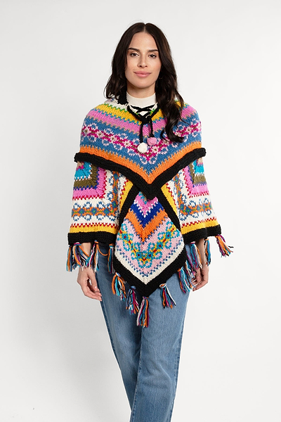 Hooded Vibrant Fair Isle Patchwork Poncho - SAACHI - Dark Multi / One Size — Fits All - Ponchos