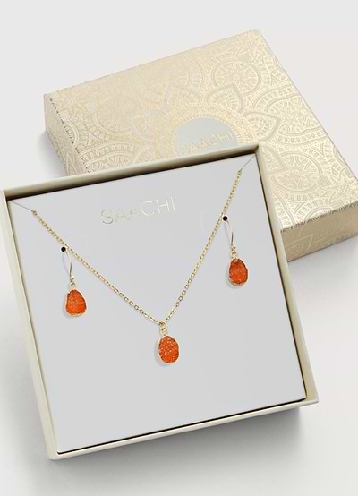 Mini Druzy Earring and Necklace Set - SAACHI - Orange - Necklace