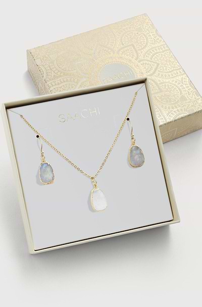 Mini Gemstone Earring and Necklace Set Light Gray