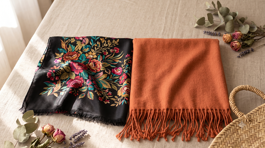 Printed silk shawl and terracotta cashmere pashmina displayed side by side on a linen table with dried flowers