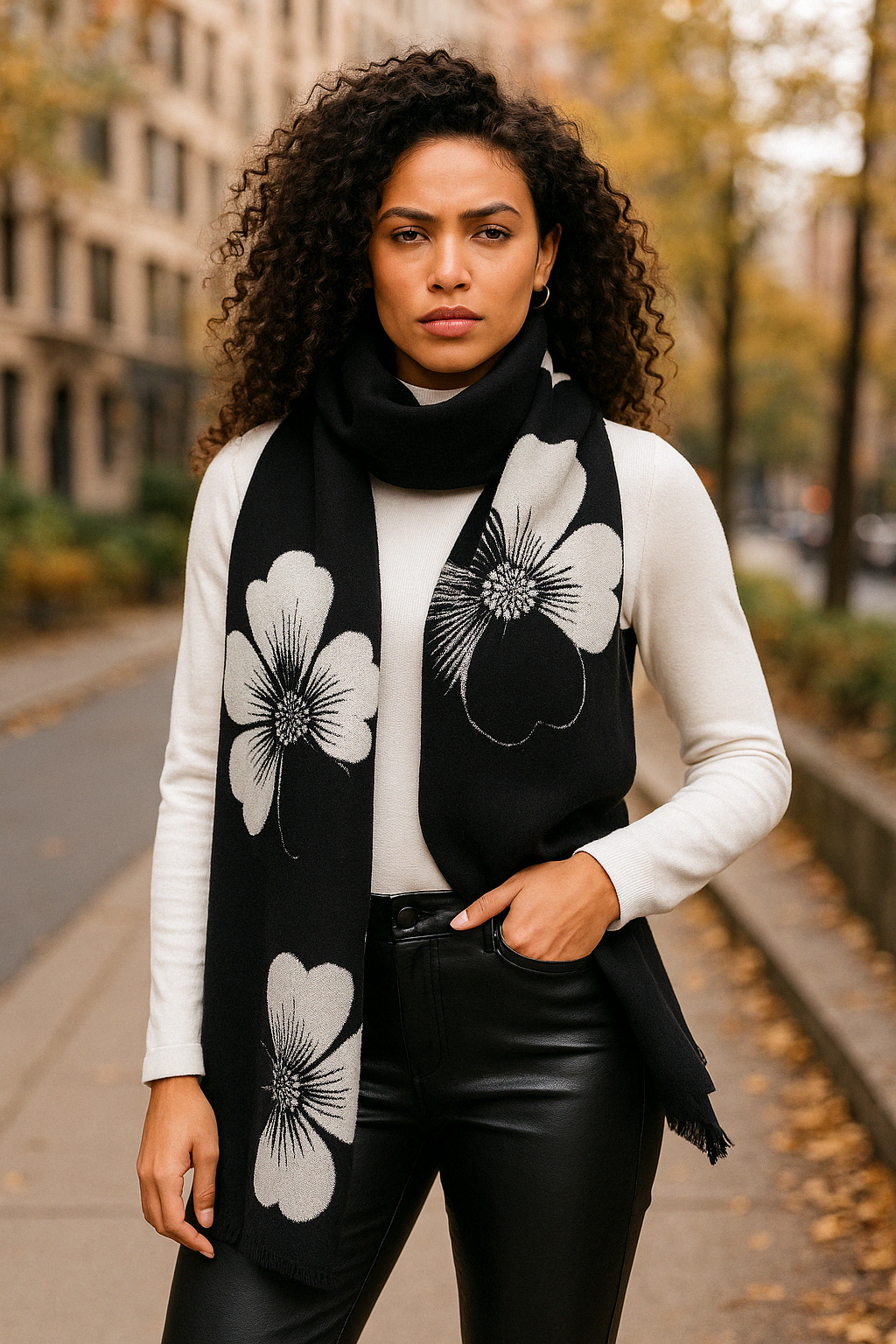 Reversible Floral Motif Scarf Black