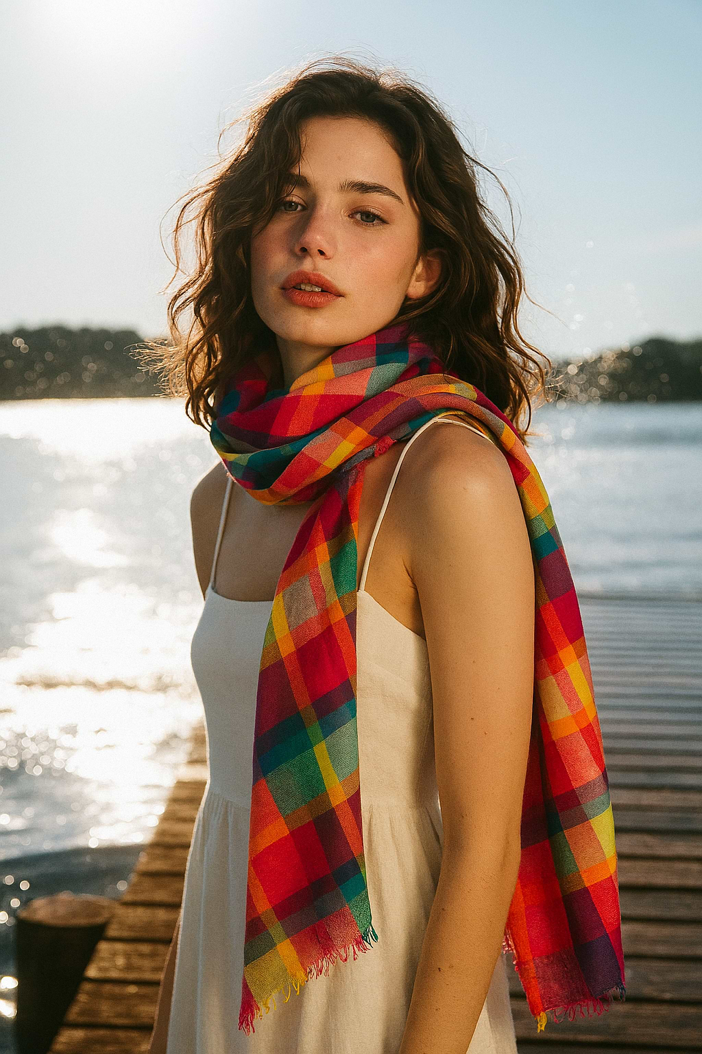 Rainbow Plaid Cotton Scarf