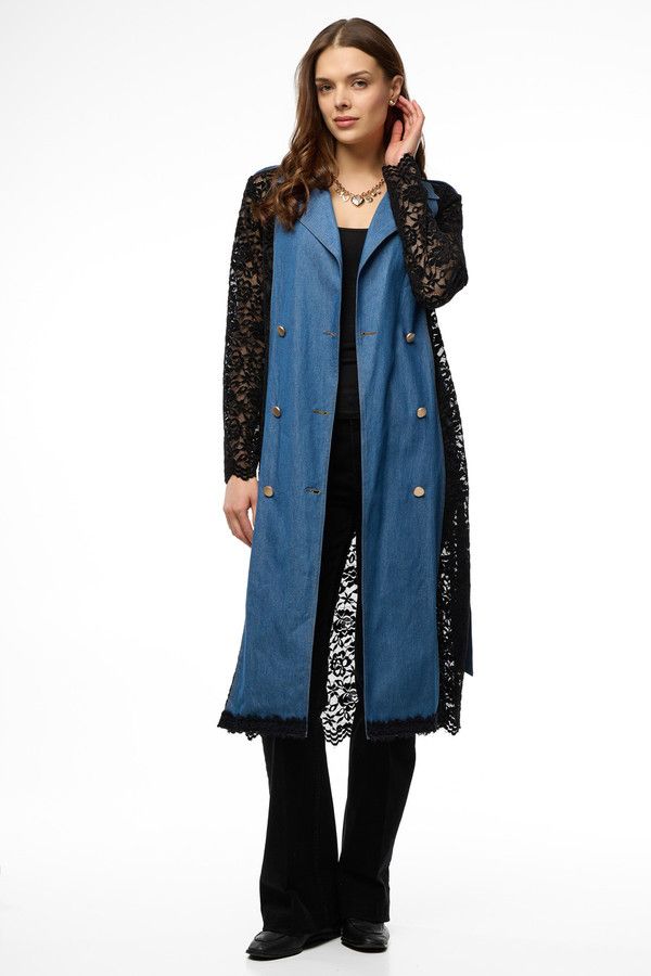 Lace Denim Trench Coat Jacket - Denim