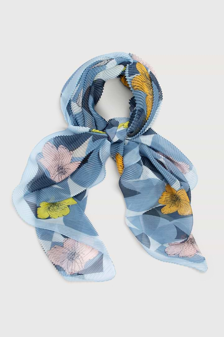 Pleated Floral Geo Scarf - SAACHI - BLUE - Scarves