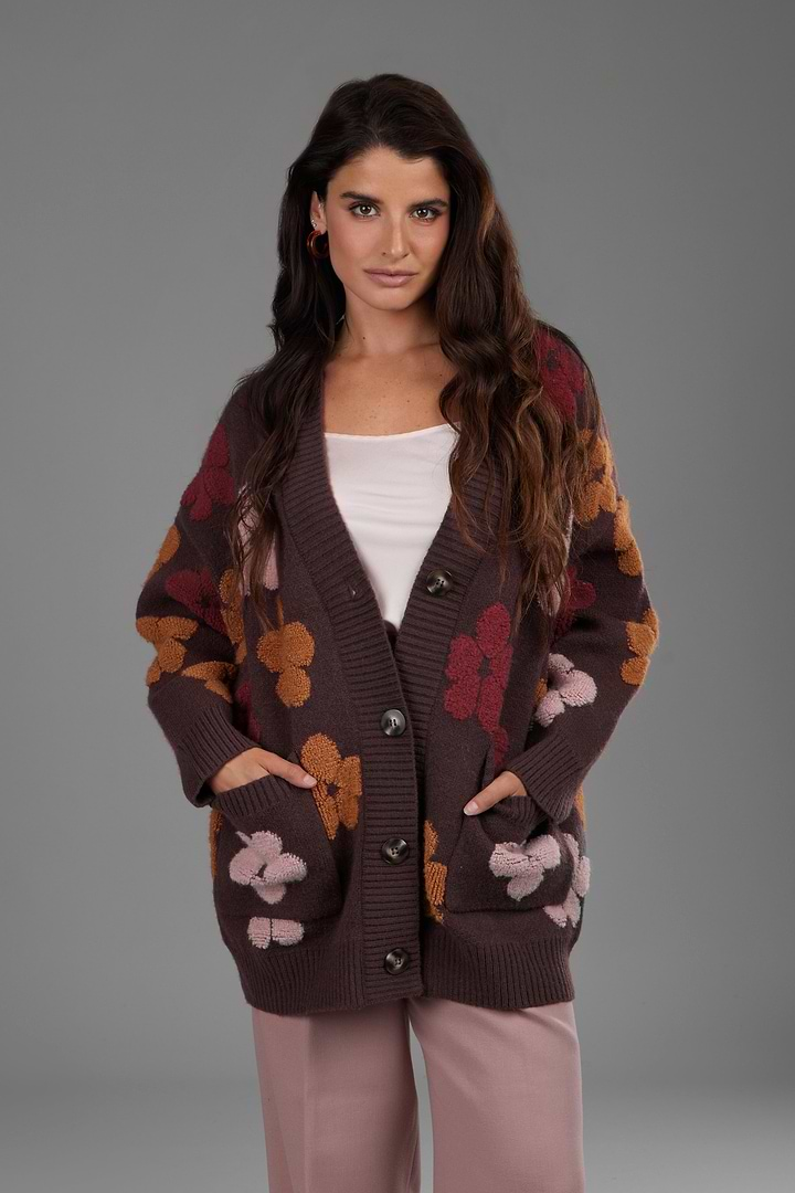 Floral Knit Cardigan In Brown