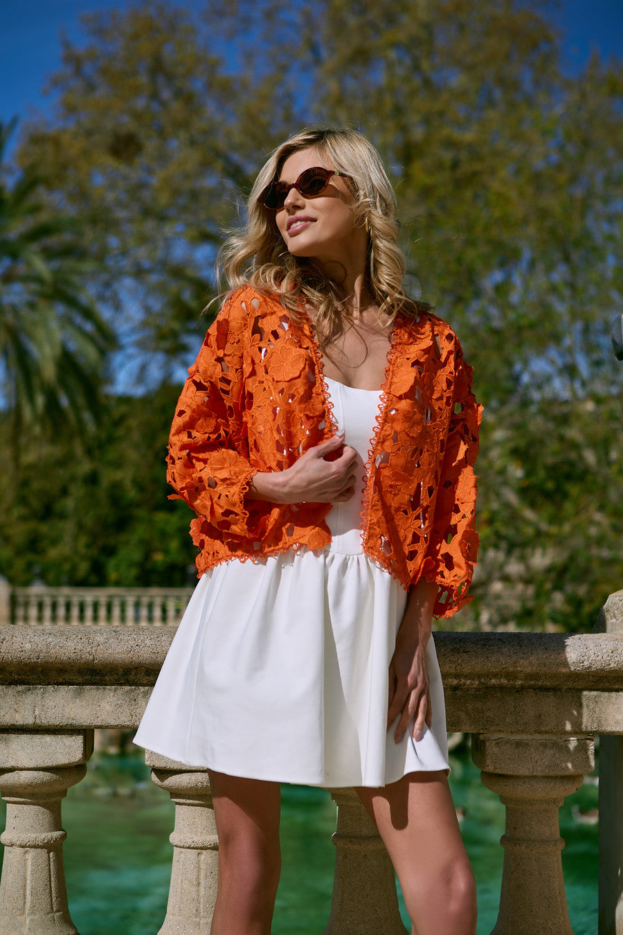 Floral Lace Cut Out Bolero Coral