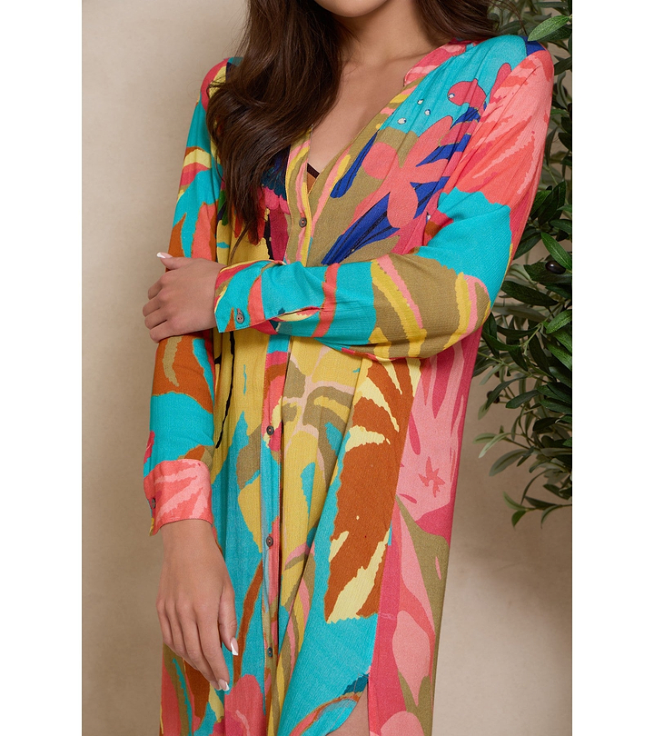 Tropical Button Long Kimono