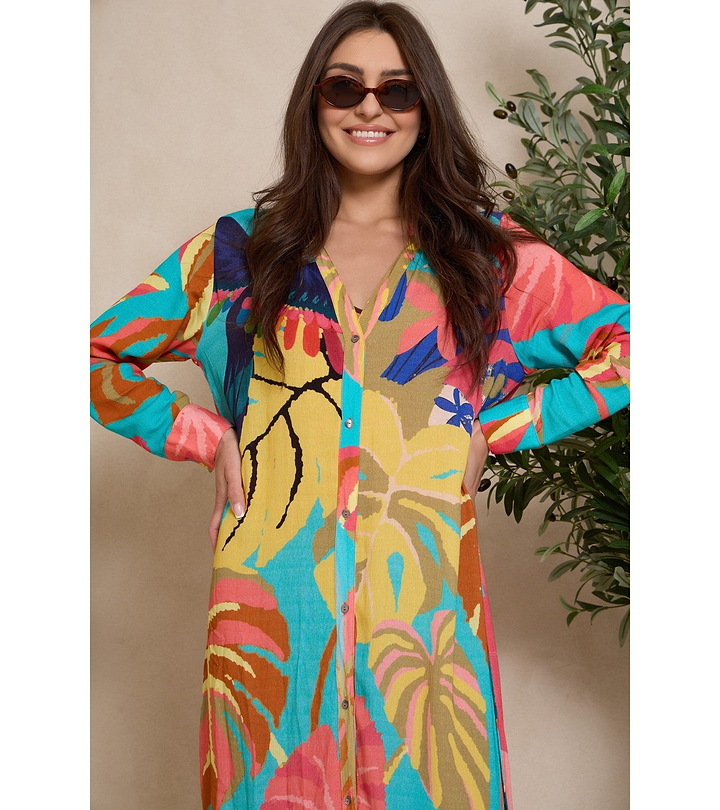 Tropical Button Long Kimono