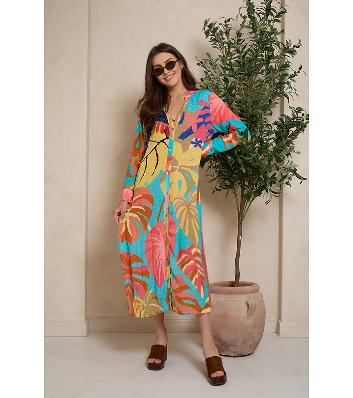 Tropical Button Long Kimono