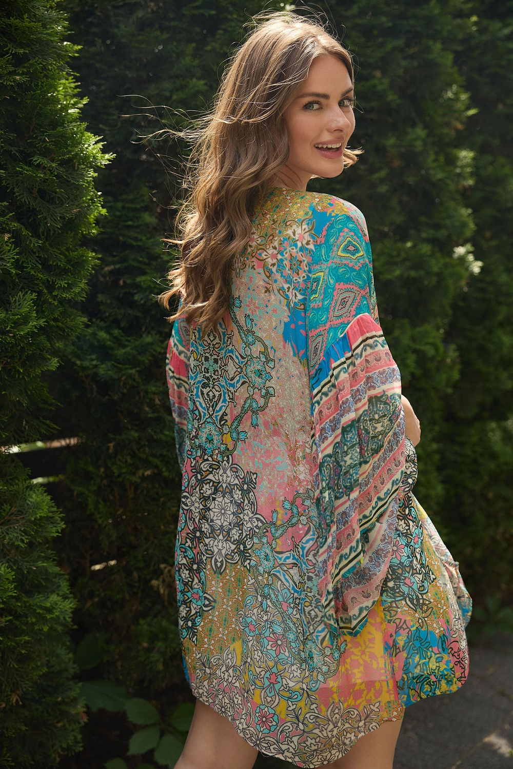 Mystical Garden Ruffle Sleeve Kimono - PaleTurquoise