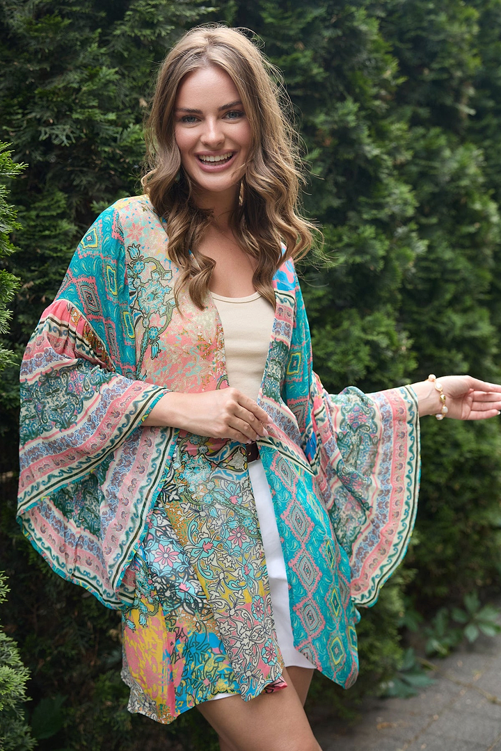 Mystical Garden Ruffle Sleeve Kimono - PaleTurquoise