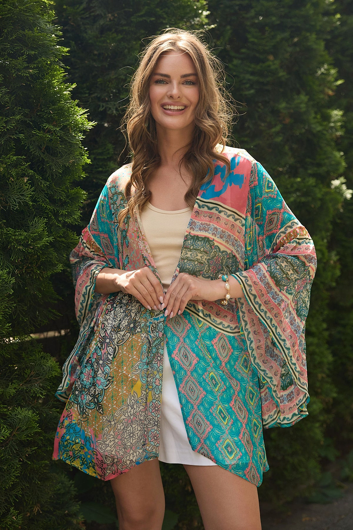 Mystical Garden Ruffle Sleeve Kimono - PaleTurquoise